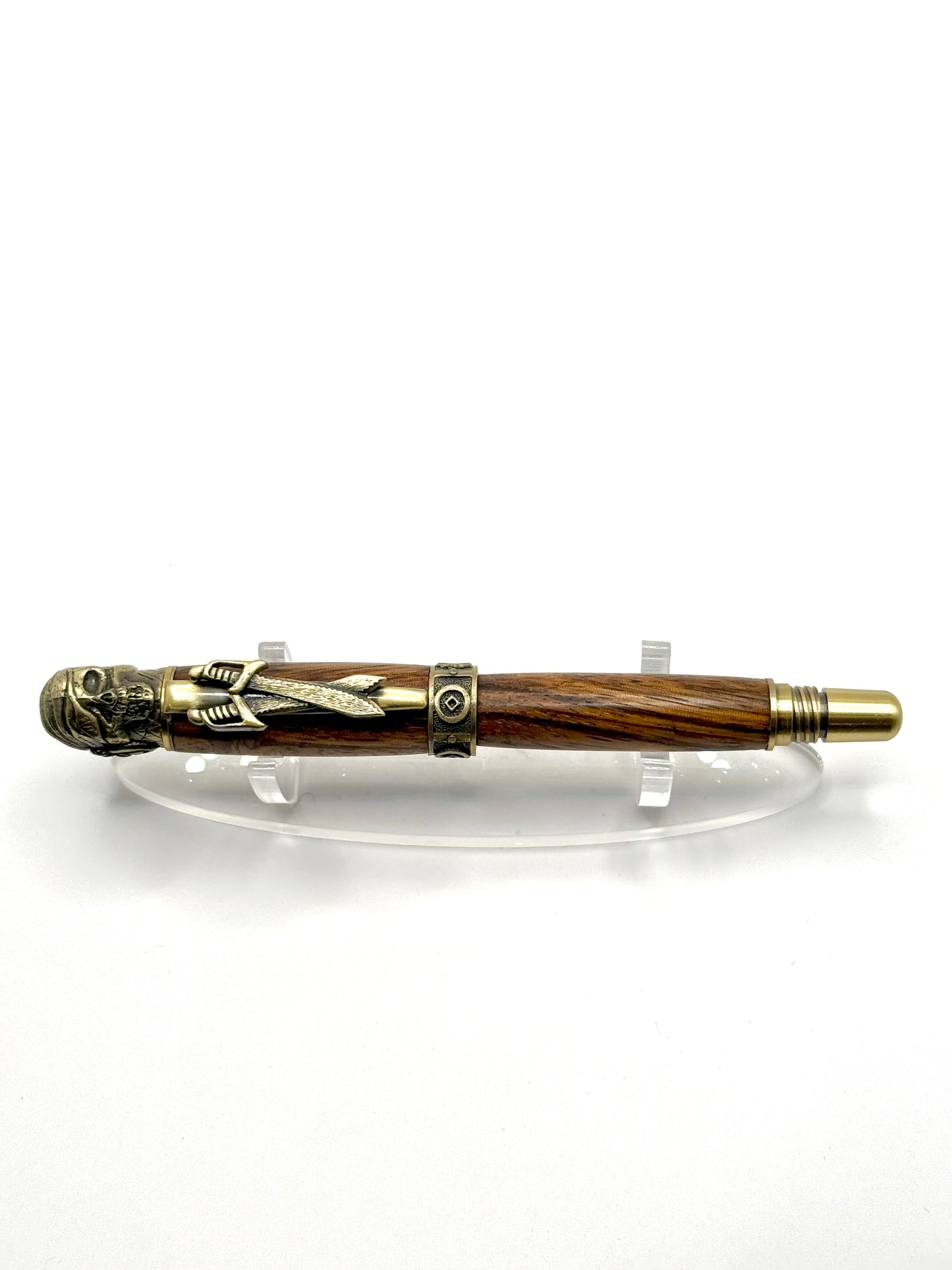 Handcrafted Zebrawood Pirate Skull Rollerball Wooden Pen (Aged Bronze)