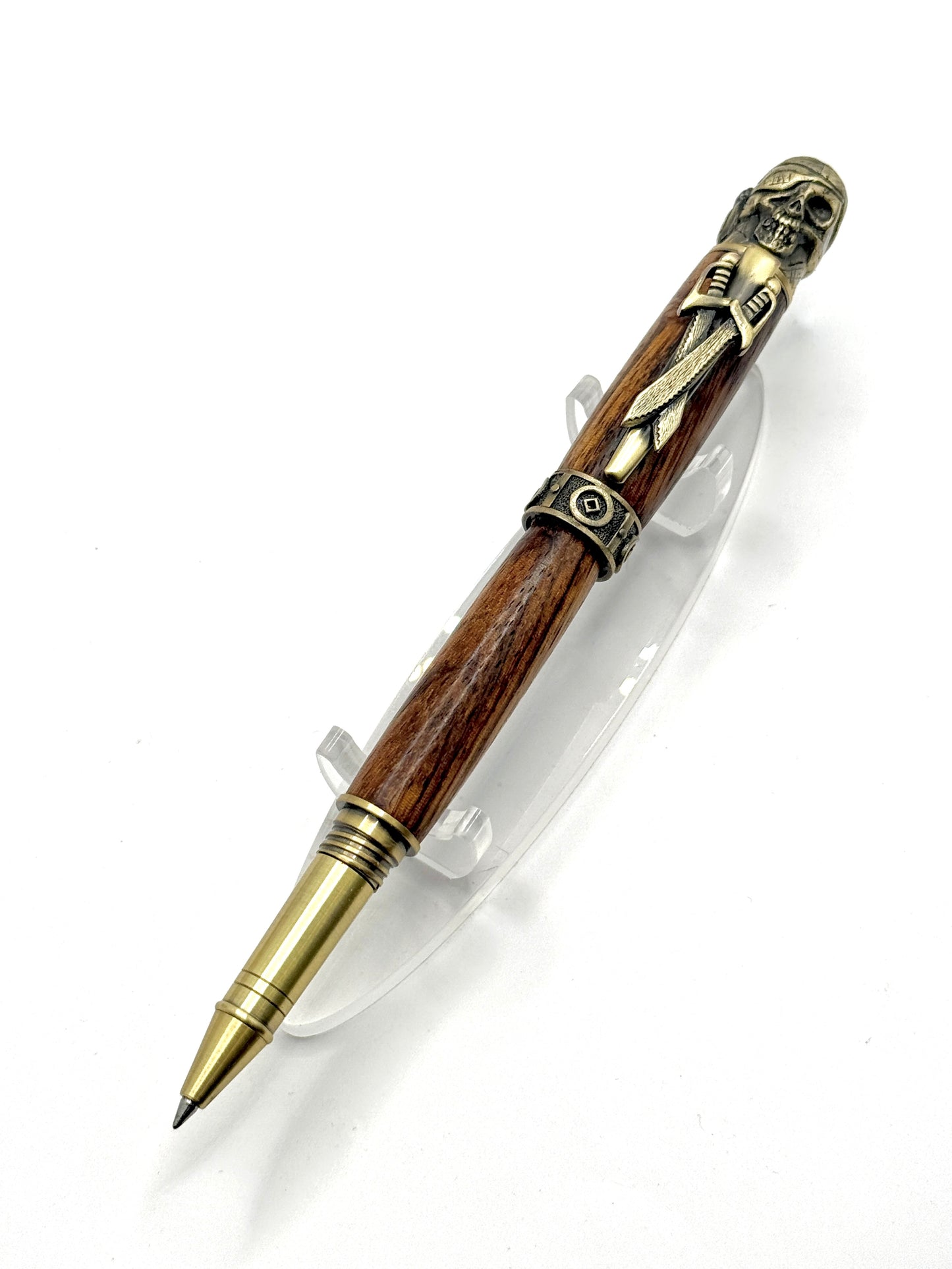 Handcrafted Zebrawood Pirate Skull Rollerball Wooden Pen (Aged Bronze)