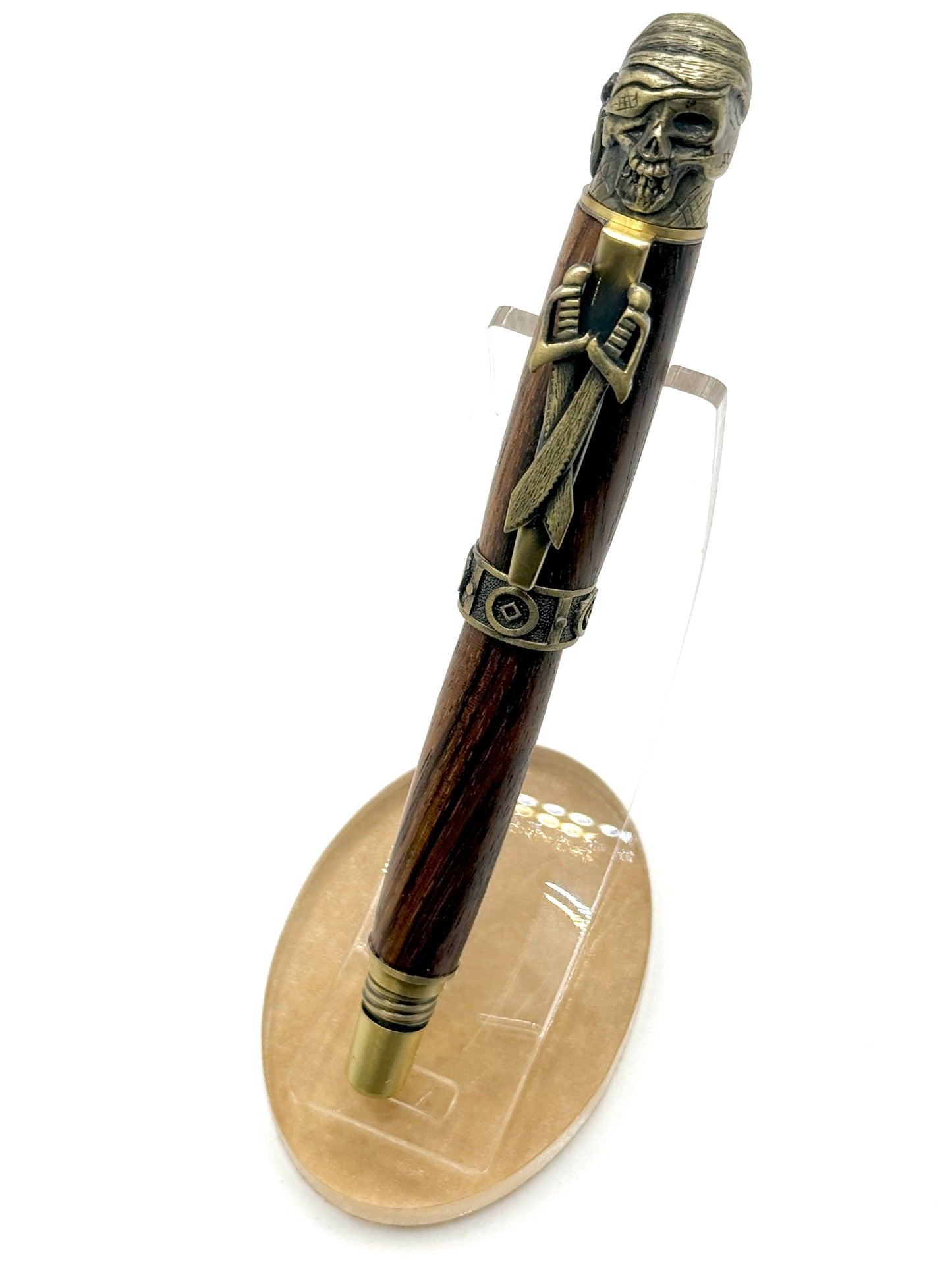 Handcrafted Zebrawood Pirate Skull Rollerball Wooden Pen (Aged Bronze)