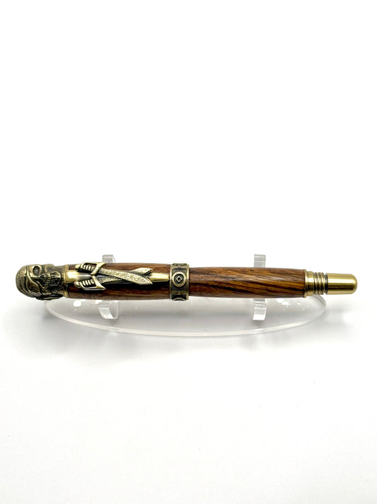 Handcrafted Zebrawood Pirate Skull Rollerball Wooden Pen (Aged Bronze)