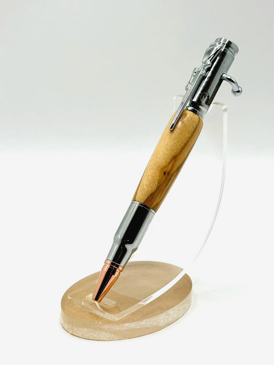 Olive Wood Bolt Action Ballpoint Pen (Silver)