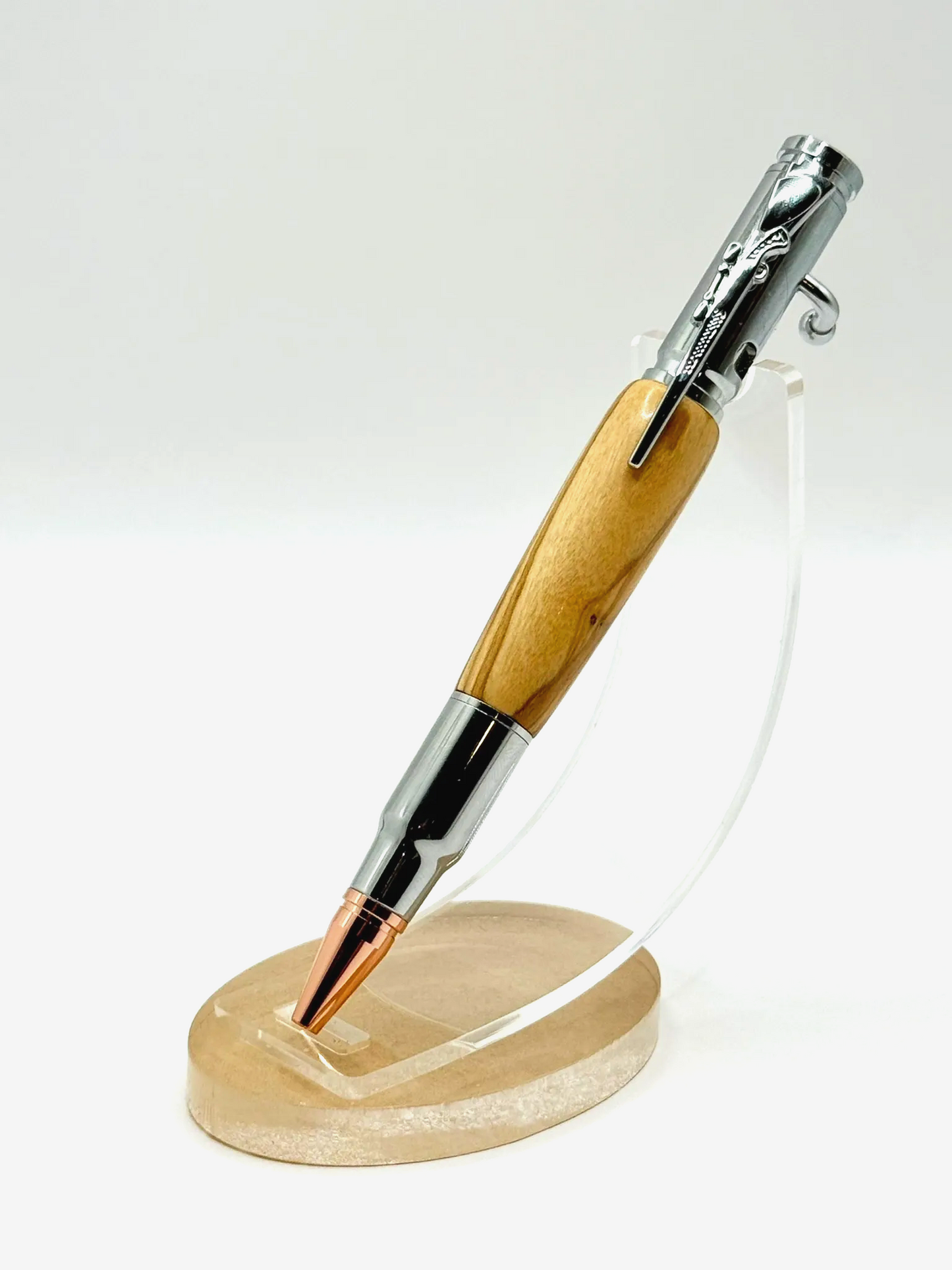 Olive Wood Bolt Action Ballpoint Pen (Silver)
