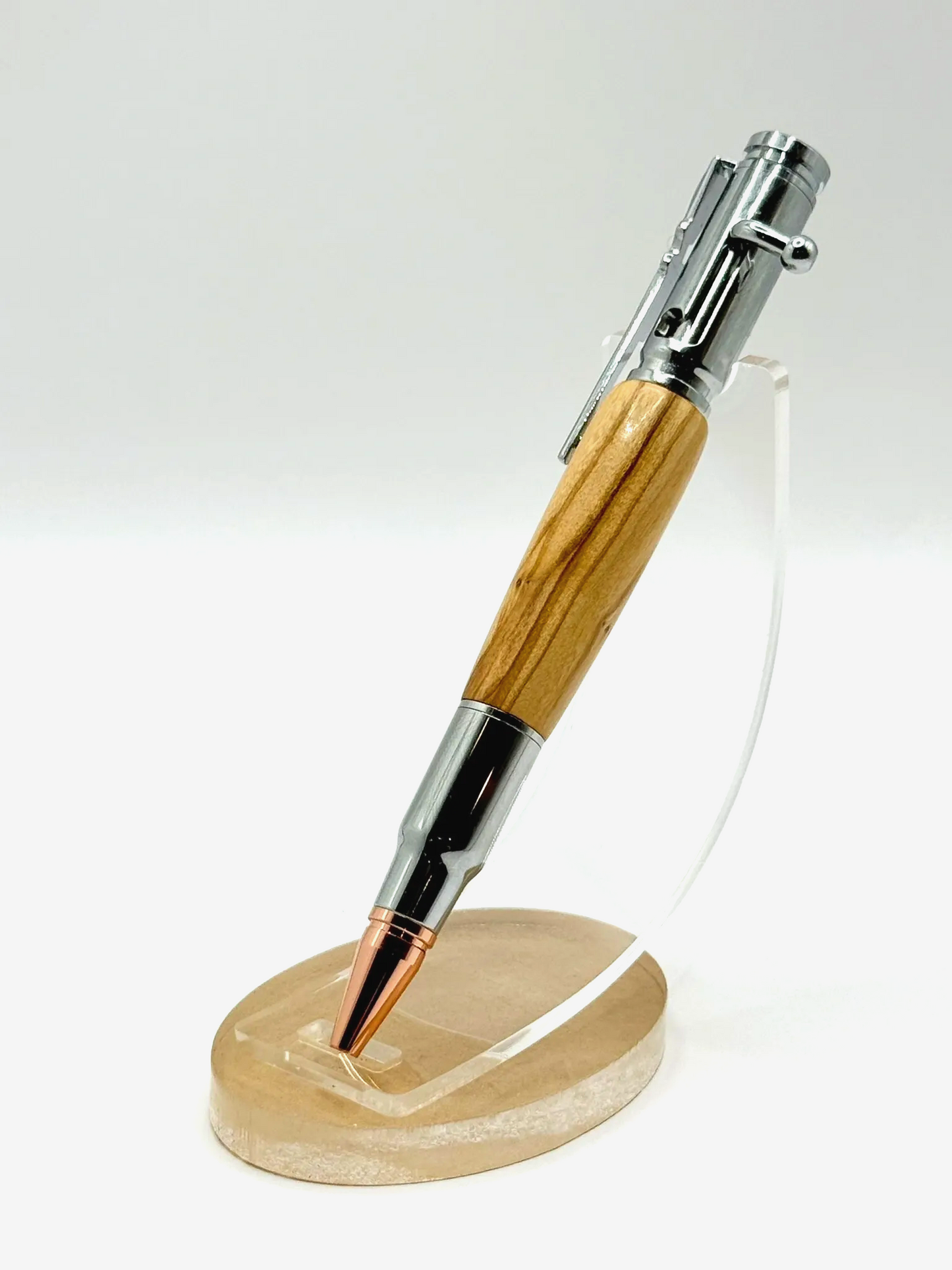 Olive Wood Bolt Action Ballpoint Pen (Silver)